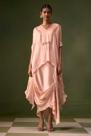 Buy Prahnaaya Pink Organza, Satin V-neck Neckline Embroidered Top And Skirt Set Online at Aza Fashions Buy_Prahnaaya_Pink Organza, Satin V-neck Neckline Embroidered Top And Skirt Set _Online_at_Aza_Fashions