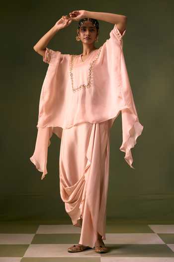 Shop Prahnaaya Pink Organza, Satin V-neck Neckline Embroidered Top And Skirt Set Online at Aza Fashions Shop_Prahnaaya_Pink Organza, Satin V-neck Neckline Embroidered Top And Skirt Set _Online_at_Aza_Fashions