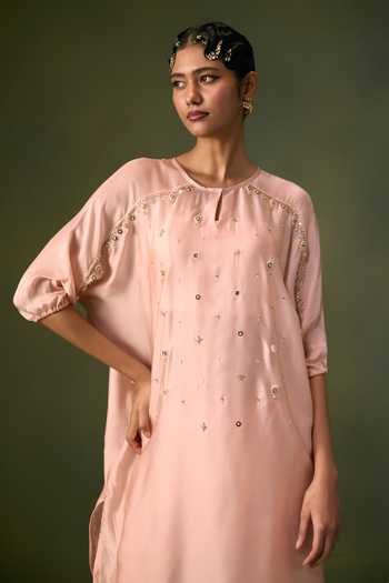 Shop Prahnaaya Pink Organza, Satin Round , Keyhole Hand Embroidered Kurta And Pant Set Online at Aza Fashions Shop_Prahnaaya_Pink Organza, Satin Round , Keyhole Hand Embroidered Kurta And Pant Set _Online_at_Aza_Fashions