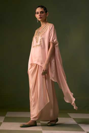 Shop_Prahnaaya_Peach Organza, Satin V-neck Placement Embroidered Top And Wrap Skirt Set _Online_at_Aza_Fashions