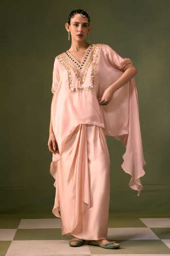 Prahnaaya_Peach Organza, Satin V-neck Placement Embroidered Top And Wrap Skirt Set _at_Aza_Fashions