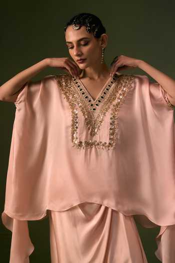 Buy_Prahnaaya_Peach Organza, Satin V-neck Placement Embroidered Top And Wrap Skirt Set 