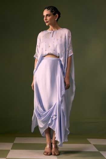 Prahnaaya Blue Organza, Satin Round Neck Asymmetric Embroidered Top And Skirt Set Online at Aza Fashions Prahnaaya_Blue Organza, Satin Round Neck Asymmetric Embroidered Top And Skirt Set _Online_at_Aza_Fashions