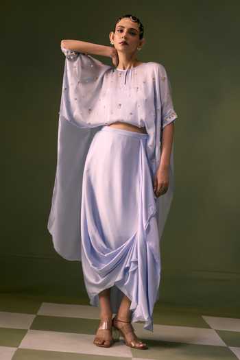 Buy Prahnaaya Blue Organza, Satin Round Neck Asymmetric Embroidered Top And Skirt Set Online at Aza Fashions Buy_Prahnaaya_Blue Organza, Satin Round Neck Asymmetric Embroidered Top And Skirt Set _Online_at_Aza_Fashions