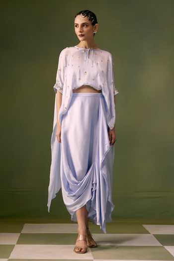 Shop Prahnaaya Blue Organza, Satin Round Neck Asymmetric Embroidered Top And Skirt Set Online at Aza Fashions Shop_Prahnaaya_Blue Organza, Satin Round Neck Asymmetric Embroidered Top And Skirt Set _Online_at_Aza_Fashions