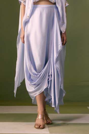 Prahnaaya Blue Organza, Satin Round Neck Asymmetric Embroidered Top And Skirt Set at Aza Fashions Prahnaaya_Blue Organza, Satin Round Neck Asymmetric Embroidered Top And Skirt Set _at_Aza_Fashions
