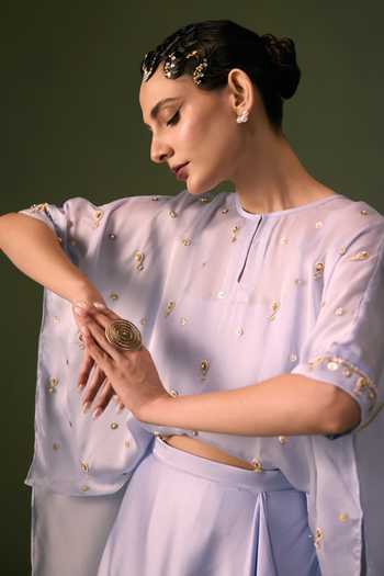 Buy Prahnaaya Blue Organza, Satin Round Neck Asymmetric Embroidered Top And Skirt Set Buy_Prahnaaya_Blue Organza, Satin Round Neck Asymmetric Embroidered Top And Skirt Set