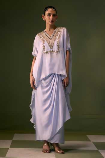 Prahnaaya Blue Organza, Satin V-neck Embroidered Top With Wrap Skirt Online at Aza Fashions Prahnaaya_Blue Organza, Satin V-neck Embroidered Top With Wrap Skirt _Online_at_Aza_Fashions