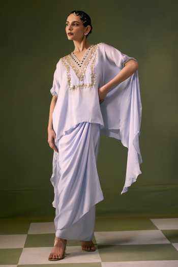Shop Prahnaaya Blue Organza, Satin V-neck Embroidered Top With Wrap Skirt Online at Aza Fashions Shop_Prahnaaya_Blue Organza, Satin V-neck Embroidered Top With Wrap Skirt _Online_at_Aza_Fashions