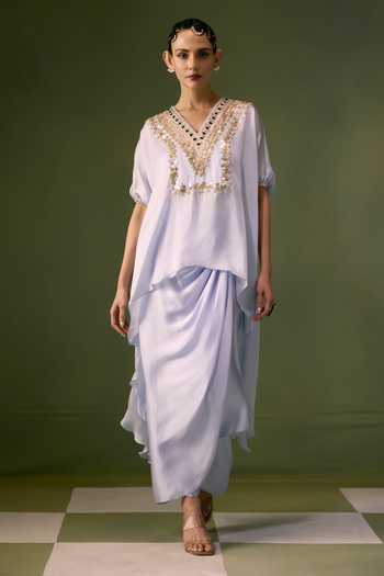 Prahnaaya Blue Organza, Satin V-neck Embroidered Top With Wrap Skirt at Aza Fashions Prahnaaya_Blue Organza, Satin V-neck Embroidered Top With Wrap Skirt _at_Aza_Fashions