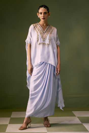 Buy Prahnaaya Blue Organza, Satin V-neck Embroidered Top With Wrap Skirt Buy_Prahnaaya_Blue Organza, Satin V-neck Embroidered Top With Wrap Skirt