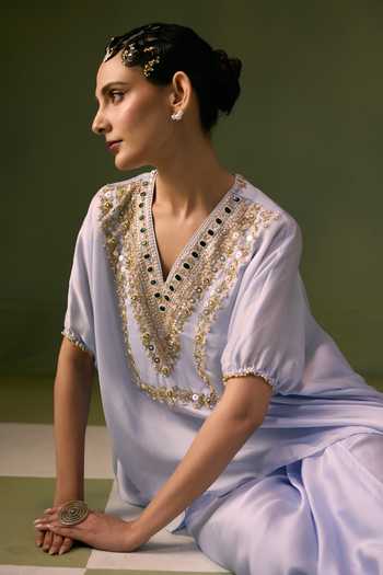 Shop Prahnaaya Blue Organza, Satin V-neck Embroidered Top With Wrap Skirt Shop_Prahnaaya_Blue Organza, Satin V-neck Embroidered Top With Wrap Skirt