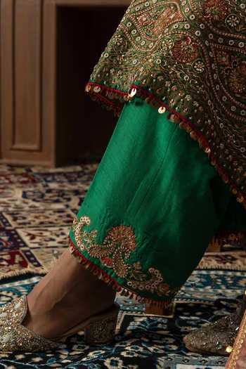 Ronak's Couture_Green Brocade, Silk, Tissue V-neck, Yes Floral Woven Kurta Set _Online_at_Aza_Fashions