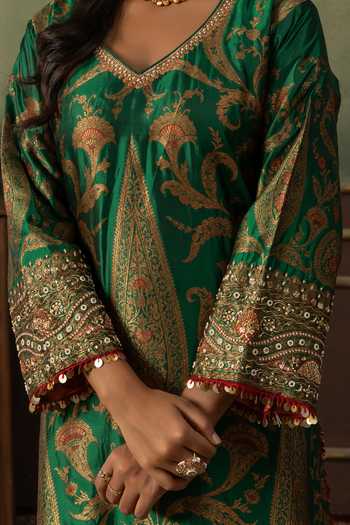 Buy_Ronak's Couture_Green Brocade, Silk, Tissue V-neck, Yes Floral Woven Kurta Set _Online_at_Aza_Fashions
