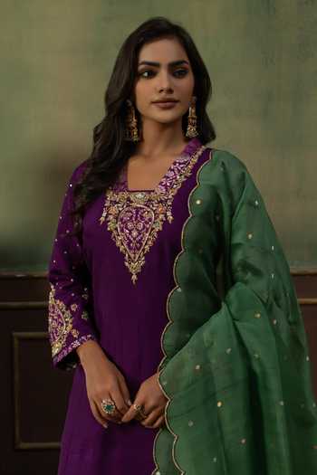 Ronak's Couture_Purple Brocade, Silk Organza Square Neckline Embroidered Straight Kurta Set _Online_at_Aza_Fashions