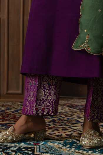 Buy_Ronak's Couture_Purple Brocade, Silk Organza Square Neckline Embroidered Straight Kurta Set _Online_at_Aza_Fashions