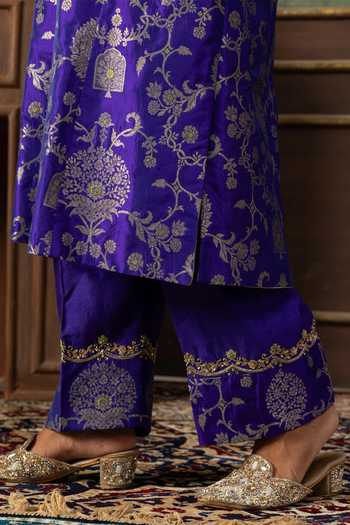 Ronak's Couture_Blue Brocade, Silk, Organza V-neck, Yes Floral Woven Kurta Set _Online_at_Aza_Fashions