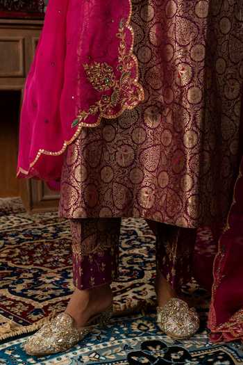 Ronak's Couture_Wine Brocade, Silk Organza V-neck, Yes Woven Straight Kurta Set _Online_at_Aza_Fashions