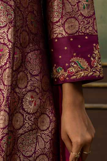 Buy_Ronak's Couture_Wine Brocade, Silk Organza V-neck, Yes Woven Straight Kurta Set _Online_at_Aza_Fashions