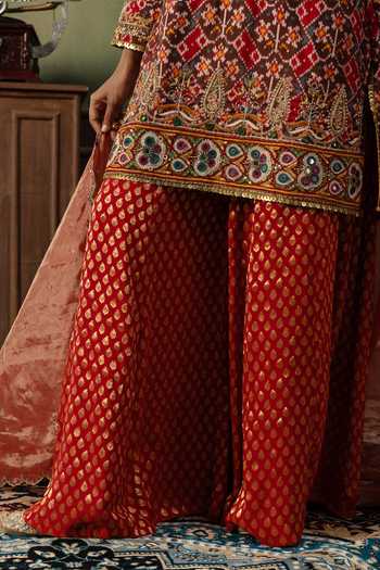 Buy Ronak's Couture Red Silk, Tissue, Georgette Round Neck Patola Woven Kurta Gharara Set Online at Aza Fashions Buy_Ronak's Couture_Red Silk, Tissue, Georgette Round Neck Patola Woven Kurta Gharara Set _Online_at_Aza_Fashions