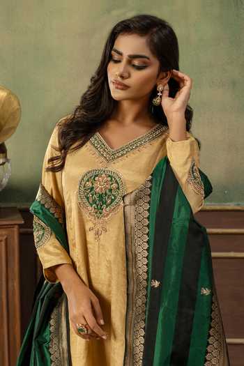 Ronak's Couture Gold Silk, Tissue V-neck Zardozi Embroidered Anarkali Set Online at Aza Fashions Ronak's Couture_Gold Silk, Tissue V-neck Zardozi Embroidered Anarkali Set _Online_at_Aza_Fashions
