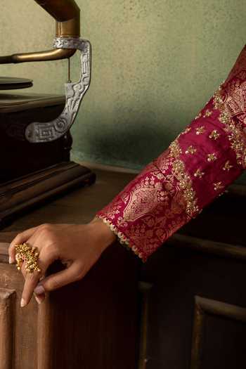 Ronak's Couture Red Brocade, Silk, Tissue Square Neck, Yes Floral Woven A-line Kurta Set Online at Aza Fashions Ronak's Couture_Red Brocade, Silk, Tissue Square Neck, Yes Floral Woven A-line Kurta Set _Online_at_Aza_Fashions