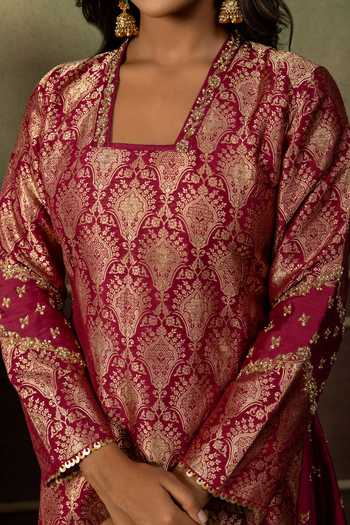 Shop Ronak's Couture Red Brocade, Silk, Tissue Square Neck, Yes Floral Woven A-line Kurta Set Online at Aza Fashions Shop_Ronak's Couture_Red Brocade, Silk, Tissue Square Neck, Yes Floral Woven A-line Kurta Set _Online_at_Aza_Fashions