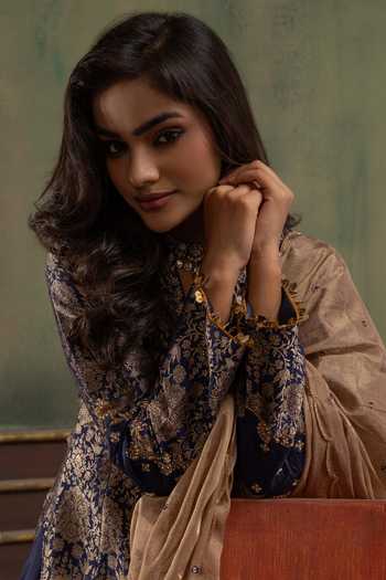 Ronak's Couture Blue Brocade, Silk Square Neck Floral Woven Kurta Set Online at Aza Fashions Ronak's Couture_Blue Brocade, Silk Square Neck Floral Woven Kurta Set _Online_at_Aza_Fashions