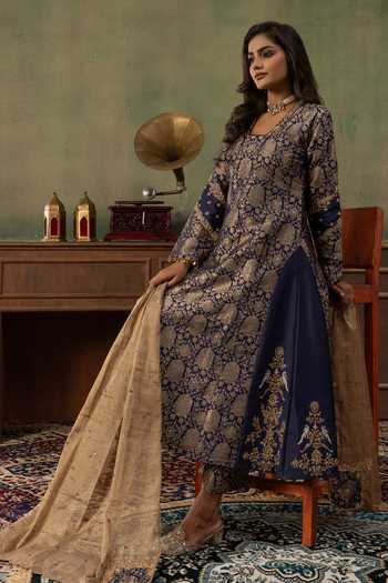Buy Ronak's Couture Blue Brocade, Silk Square Neck Floral Woven Kurta Set Online at Aza Fashions Buy_Ronak's Couture_Blue Brocade, Silk Square Neck Floral Woven Kurta Set _Online_at_Aza_Fashions