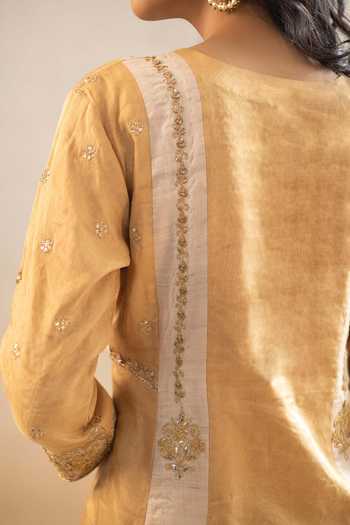 Buy Ronak's Couture Beige Silk, Tussar, Tissue Split V-neck Gota Patti Embellished Kurta Set Online at Aza Fashions Buy_Ronak's Couture_Beige Silk, Tussar, Tissue Split V-neck Gota Patti Embellished Kurta Set _Online_at_Aza_Fashions