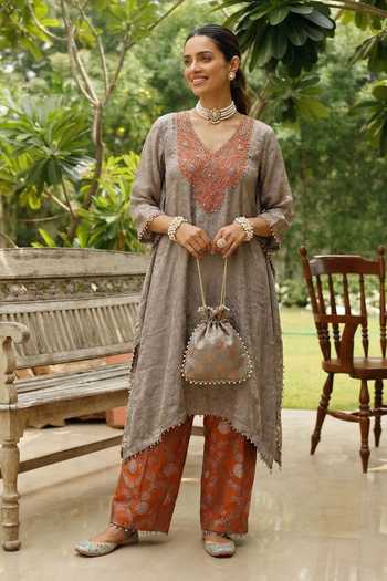 Ronak's Couture Zardozi Yoke Embroidered Kaftan & Pant Set 