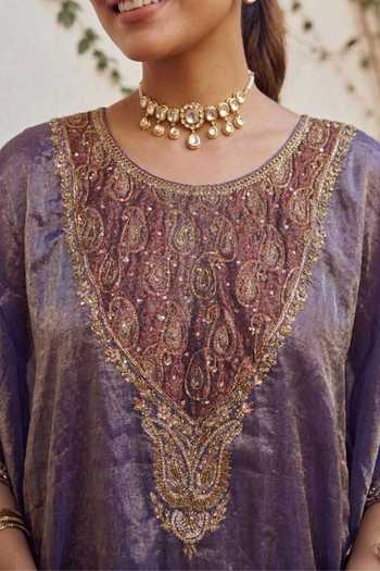 Ronak's Couture Purple Silk, Brocade, Tissue Round Neck Zardozi Embroidered Kaftan And Pant Set Online at Aza Fashions Ronak's Couture_Purple Silk, Brocade, Tissue Round Neck Zardozi Embroidered Kaftan And Pant Set _Online_at_Aza_Fashions