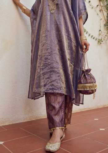 Shop Ronak's Couture Purple Silk, Brocade, Tissue Round Neck Zardozi Embroidered Kaftan And Pant Set Online at Aza Fashions Shop_Ronak's Couture_Purple Silk, Brocade, Tissue Round Neck Zardozi Embroidered Kaftan And Pant Set _Online_at_Aza_Fashions