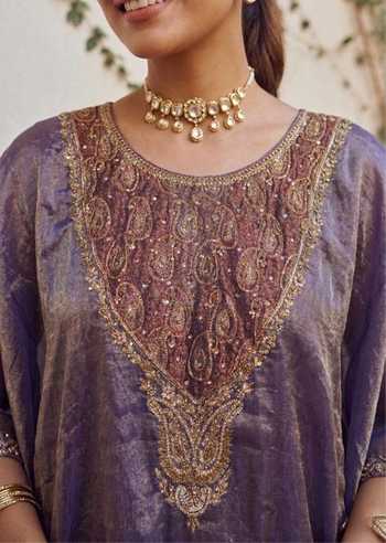 Ronak's Couture Purple Silk, Brocade, Tissue Round Neck Zardozi Embroidered Kaftan And Pant Set at Aza Fashions Ronak's Couture_Purple Silk, Brocade, Tissue Round Neck Zardozi Embroidered Kaftan And Pant Set _at_Aza_Fashions