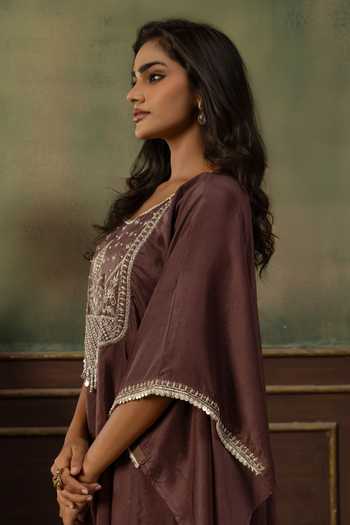 Ronak's Couture Brown Silk, Brocade Scoop Neck Yoke Embroidered Kaftan And Pant Set Online at Aza Fashions Ronak's Couture_Brown Silk, Brocade Scoop Neck Yoke Embroidered Kaftan And Pant Set _Online_at_Aza_Fashions