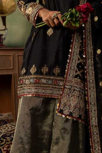 Ronak's Couture Black Silk, Tissue, Organza V-neck, Yes Zardozi Embroidered Kurta Gharara Set Online at Aza Fashions Ronak's Couture_Black Silk, Tissue, Organza V-neck, Yes Zardozi Embroidered Kurta Gharara Set _Online_at_Aza_Fashions