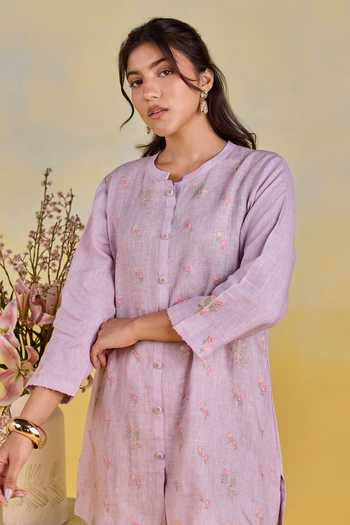 Kapaas Purple Linen Round Neck Mauve Meadow Embroidered Kurta And Pant Set Online at Aza Fashions Kapaas_Purple Linen Round Neck Mauve Meadow Embroidered Kurta And Pant Set _Online_at_Aza_Fashions