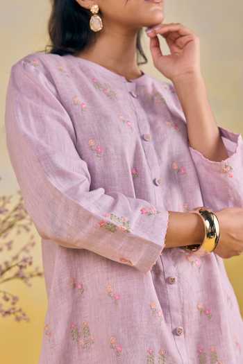 Buy Kapaas Purple Linen Round Neck Mauve Meadow Embroidered Kurta And Pant Set Online at Aza Fashions Buy_Kapaas_Purple Linen Round Neck Mauve Meadow Embroidered Kurta And Pant Set _Online_at_Aza_Fashions