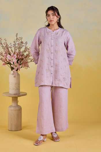 Shop Kapaas Purple Linen Round Neck Mauve Meadow Embroidered Kurta And Pant Set Online at Aza Fashions Shop_Kapaas_Purple Linen Round Neck Mauve Meadow Embroidered Kurta And Pant Set _Online_at_Aza_Fashions