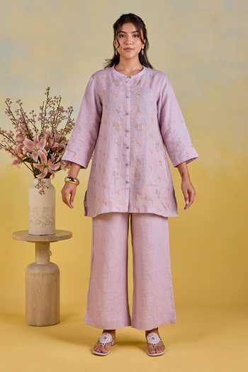 Kapaas Purple Linen Round Neck Mauve Meadow Embroidered Kurta And Pant Set at Aza Fashions Kapaas_Purple Linen Round Neck Mauve Meadow Embroidered Kurta And Pant Set _at_Aza_Fashions