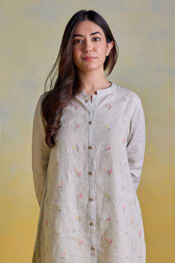 Kapaas Green Linen Mandarin Collar Sage Meadow Embroidered Shirt And Pant Set Online at Aza Fashions Kapaas_Green Linen Mandarin Collar Sage Meadow Embroidered Shirt And Pant Set _Online_at_Aza_Fashions