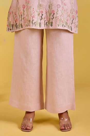 Buy Kapaas Pink Linen Round Neck Garden Embroidered Shirt And Pant Set Online at Aza Fashions Buy_Kapaas_Pink Linen Round Neck Garden Embroidered Shirt And Pant Set _Online_at_Aza_Fashions