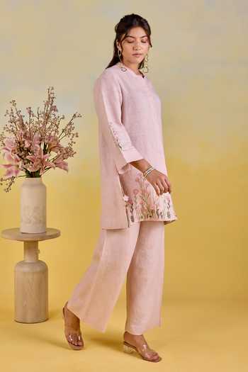 Shop Kapaas Pink Linen Round Neck Garden Embroidered Shirt And Pant Set Online at Aza Fashions Shop_Kapaas_Pink Linen Round Neck Garden Embroidered Shirt And Pant Set _Online_at_Aza_Fashions