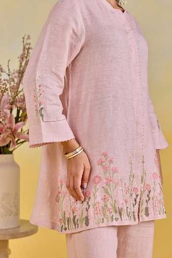 Kapaas Pink Linen Round Neck Garden Embroidered Shirt And Pant Set at Aza Fashions Kapaas_Pink Linen Round Neck Garden Embroidered Shirt And Pant Set _at_Aza_Fashions