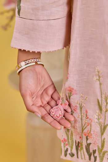 Shop Kapaas Pink Linen Round Neck Garden Embroidered Shirt And Pant Set Shop_Kapaas_Pink Linen Round Neck Garden Embroidered Shirt And Pant Set