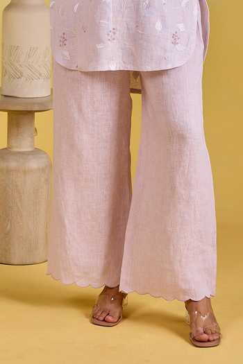 Buy Kapaas Purple Linen Split V-neck Bloom Embroidered Straight Kurta And Pant Set Online at Aza Fashions Buy_Kapaas_Purple Linen Split V-neck Bloom Embroidered Straight Kurta And Pant Set _Online_at_Aza_Fashions