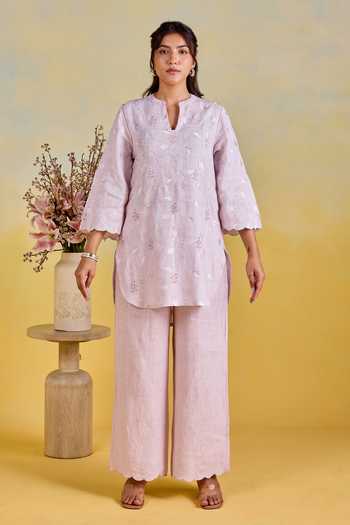 Shop Kapaas Purple Linen Split V-neck Bloom Embroidered Straight Kurta And Pant Set Online at Aza Fashions Shop_Kapaas_Purple Linen Split V-neck Bloom Embroidered Straight Kurta And Pant Set _Online_at_Aza_Fashions