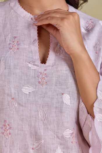 Buy Kapaas Purple Linen Split V-neck Bloom Embroidered Straight Kurta And Pant Set Buy_Kapaas_Purple Linen Split V-neck Bloom Embroidered Straight Kurta And Pant Set
