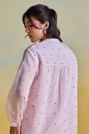 Kapaas Purple Chanderi, Silk Mandarin Collar Lilac Mist Embroidered Shirt And Pant Set Online at Aza Fashions Kapaas_Purple Chanderi, Silk Mandarin Collar Lilac Mist Embroidered Shirt And Pant Set _Online_at_Aza_Fashions