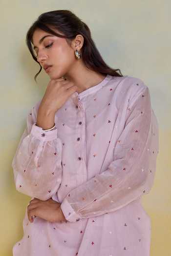 Buy Kapaas Purple Chanderi, Silk Mandarin Collar Lilac Mist Embroidered Shirt And Pant Set Online at Aza Fashions Buy_Kapaas_Purple Chanderi, Silk Mandarin Collar Lilac Mist Embroidered Shirt And Pant Set _Online_at_Aza_Fashions